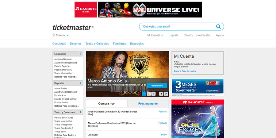 Site da Ticketmaster México