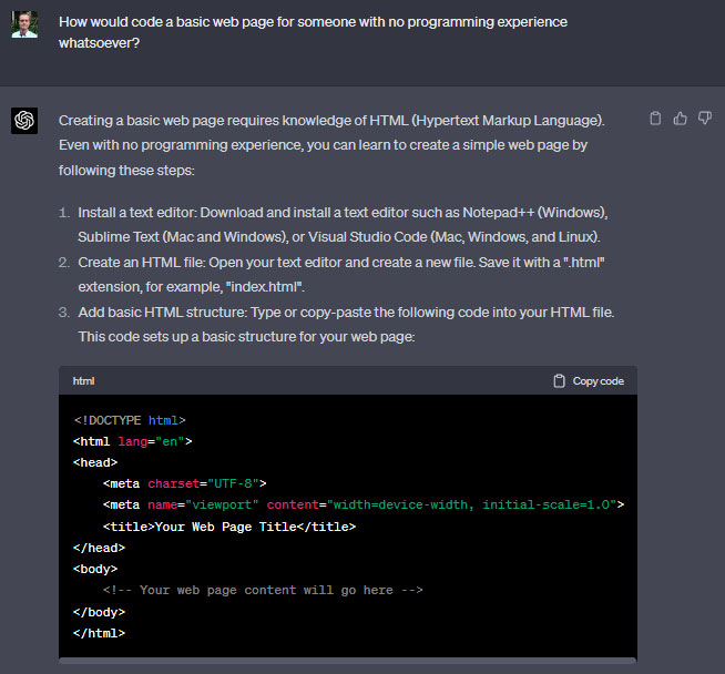 ChatGPT Introduction to coding basic web page