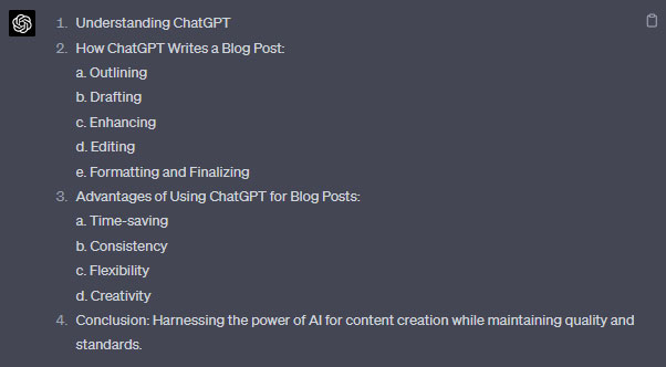 Outline of blog post on how ChatGPT can write a blog post